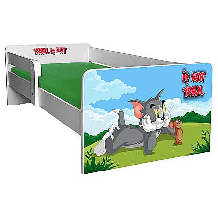 Pat pentru copii Mouse and Cat, cu protectie laterala detasabila, Pal melaminat, margini rotunjite, 2-8 ani, 144x76x45 cm, alb/multicolor [2]