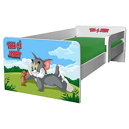 Produse - Pat pentru copii Mouse and Cat, cu protectie laterala detasabila, Pal melaminat, margini rotunjite, 2-8 ani, 144x76x45 cm, alb/multicolor
