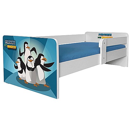 Pat pentru copii Pinguini, cu protectie laterala detasabila, Pal melaminat, margini rotunjite, 2-8 ani, 144x76x45 cm, alb/albastru [1]