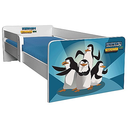 Pat pentru copii Pinguini, cu protectie laterala detasabila, Pal melaminat, margini rotunjite, 2-8 ani, 144x76x45 cm, alb/albastru [2]