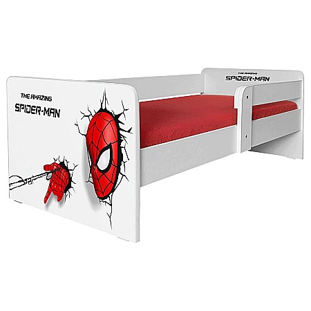 Pat pentru copii Spidy Man cu protectie laterala detasabila, Pal melaminat, margini rotunjite, 2-6 ani, 134x66x55 cm, alb/rosu [1]