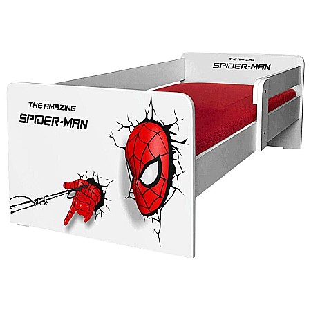 Produse - Pat pentru copii Spidy Man cu protectie laterala detasabila, Pal melaminat, margini rotunjite, 2-6 ani, 134x66x55 cm, alb/rosu