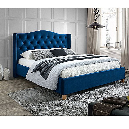 EOL - Pat SL Aspen, dublu, lemn masiv, tapitat cu catifea, cu somiera, 160x200, albastru