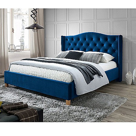 Pat SL Aspen, dublu, lemn masiv, tapitat cu catifea, cu somiera, 160x200, albastru [1]