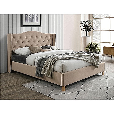 Produse - Pat SL Aspen, matrimonial, lemn masiv, tapitat cu catifea, cu somiera,160x200, bej