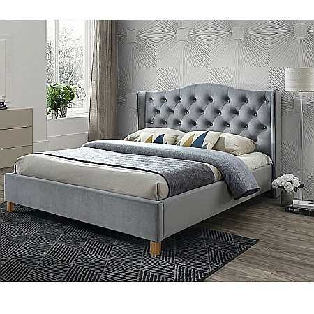 Pat SL Aspen, matrimonial, lemn masiv, tapitat cu catifea, cu somiera, 160x200, gri [1]