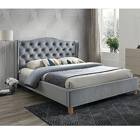 Pat SL Aspen, matrimonial, lemn masiv, tapitat cu catifea, cu somiera, 160x200, gri
