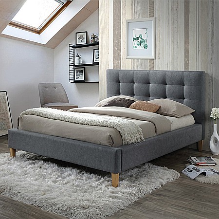 Paturi - Pat SL Texas, dublu, cu somiera inclusa, tapitat cu stofa, lemn masiv, 140x200, gri
