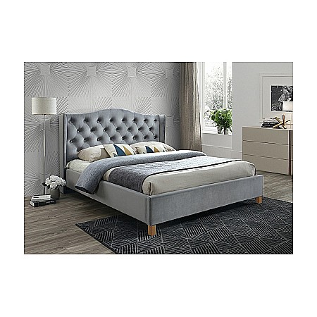 Paturi - Pat tapitat cu catifea SL Aspen Velvet, dublu, cadru lemn masiv, cu somiera, 180x200, gri