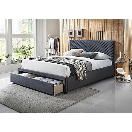 Produse - Pat tapitat dublu KL Miriam, cu sertar, velvet, structura lemn masiv, 140x200 cm, gri