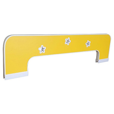 Produse - Protectie laterala pentru pat copii Stelute, detasabila, cu decupaje si ornamente colorate, cleme prindere, Pal Melaminat, 70x18 cm, galben/alb