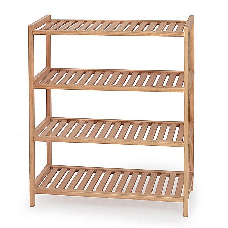 Suporturi si rafturi pantofi - Raft incaltaminte HM ST8, cu 4 polite, lemn masiv, capacitate 12 perechi, natur
