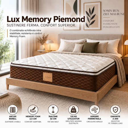 Saltea ortopedica, Lux Memory Piemond cu topper, 140x200x32cm, fermitate tare, cu plasa arcuri, memory foam 2,5 cm, husa matlasata, sistem de aerisire perimetral, greutate maxima sustinuta 120 kg/utilizator, Saltex