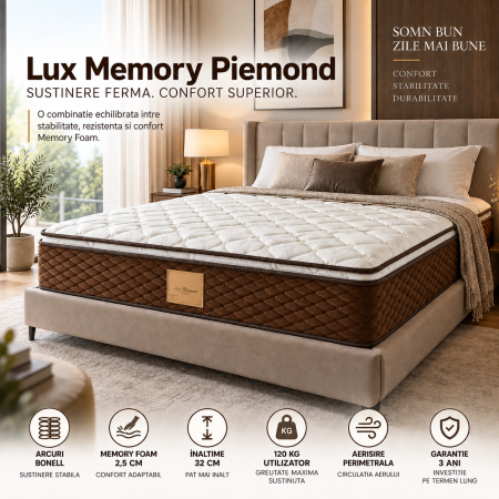 Produse - Saltea ortopedica, Lux Memory Piemond cu topper, 160x200x32cm, fermitate tare, cu plasa arcuri, memory foam 2,5 cm, husa matlasata, sistem de aerisire perimetral, greutate maxima sustinuta 120 kg/utilizator, Saltex