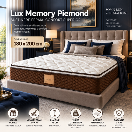 Saltele Saltex - Saltea ortopedica, Lux Memory Piemond cu topper, 180x200x32cm, fermitate tare, cu plasa arcuri, memory foam 2,5 cm, husa matlasata, sistem de aerisire perimetral, greutate maxima sustinuta 120 kg/utilizator, Saltex