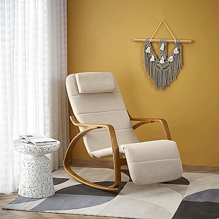 Balansoare stil scandinav - Scaun balansoar HM Prime, cu suport pentru picioare reglabil, tapiterie stofa, lemn masiv, bej