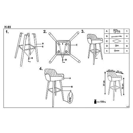 Scaun bar/bucatarie HM H93, tapitat cu stofa tip catifea, cadru lemn, suport picioare, spatar ergonomic, 100 kg, gri [1]