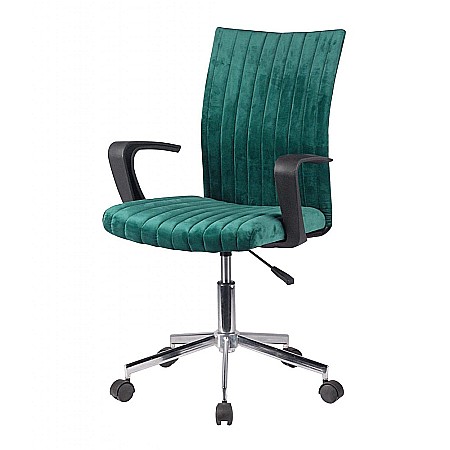 Scaun birou copii HM Doral, tapiterie stofa tip catifea, baza cromata, cu brate, rotativ, 90 kg, verde inchis [1]