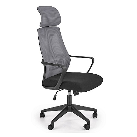 Scaun birou cu mesh HM Valdez, mecanism de balans, cadru polipropilena, suport lombar, tetiera inclusa, roti pivontante, 100 kg, negru/gri [0]