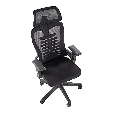 Scaun birou ergonomic HM Polon, mesh, mecanism inclinare, baza polipropilena, suport lombar, tetiera, 100 kg, negru [2]