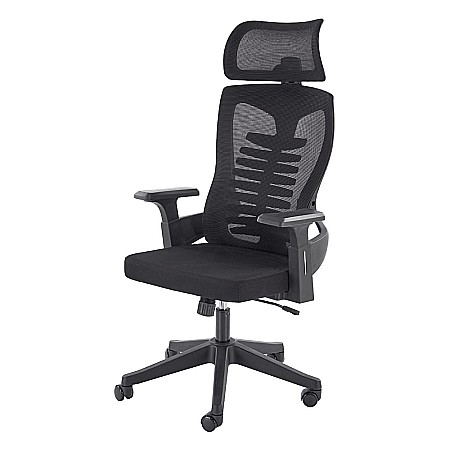 Scaun birou ergonomic HM Polon, mesh, mecanism inclinare, baza polipropilena, suport lombar, tetiera, 100 kg, negru [1]