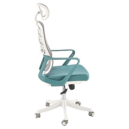 Scaun birou ergonomic HM Vesuvio 2, mesh, mecanism balans, baza polipropilena, suport lombar, tetiera reglabila, 120 kg, turcoaz/gri/alb [3]