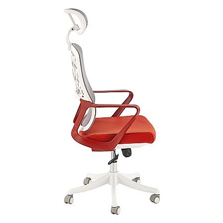 Scaun birou ergonomic HM Vesuvio 2, mesh, mecanism balans, baza polipropilena, suport lombar, tetiera reglabila, 120 kg, rosu scortisoara/gri/alb [1]