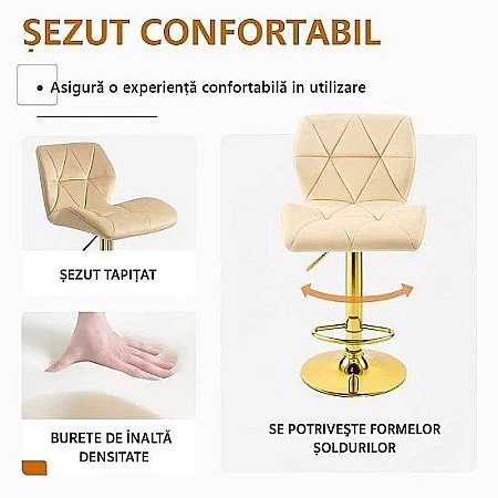 Scaun de bar ABS148, catifea, suport picioare, metal cromat auriu, inaltime reglabila, 100 kg [4]