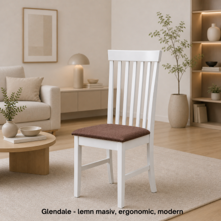 Mobilier bucatarie - Scaun de living si bucatarie din lemn masiv Glendale, tapiterie stofa,100 kg, 93x49x41.5 cm, alb/maro