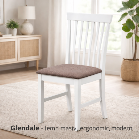 Scaune pentru living - Scaun de living si bucatarie din lemn masiv Glendale, tapiterie stofa,100 kg, 93x49x41.5 cm, alb/maro