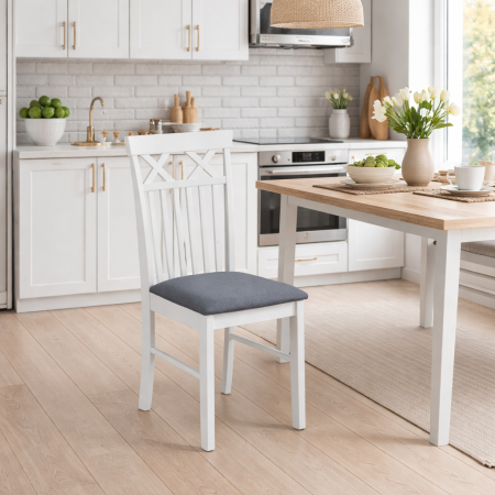 Scaune - Scaun de living si bucatarie din lemn masiv Rebecca, tapiterie stofa,100 kg, 94x49x43.5 cm, alb/gri