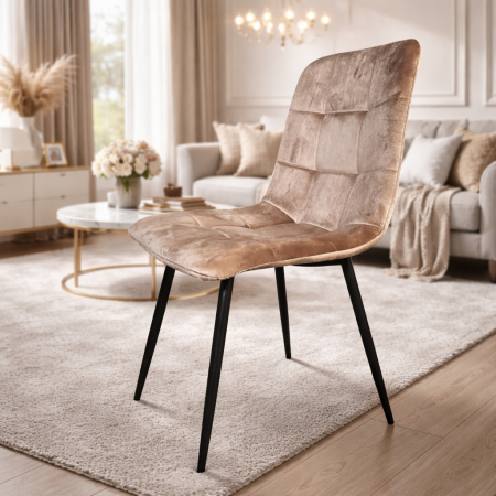 Scaune pentru living - Scaun de living si bucatarie Rizea FDC4, tapiterie catifea, cadru metalic, 90 kg, 85x44x40 cm,  bej