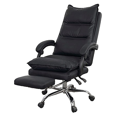 Scaune - Scaun directorial AB041, piele ecologica, robust, cadru cromat, spatar rabatabil, suport picioare,120 kg, negru
