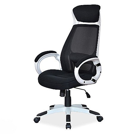 Scaun directorial cu mesh SL Q409, cadru poliproprilena, tetiera integrata, mecanism balans, rotire 360 ˚, alb/negru [1]