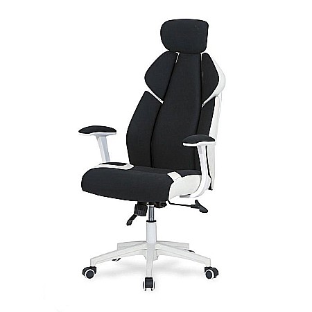 Scaun directorial HM Chrono, piele ecologica/stofa, suport lombar, tetiera reglabila, 120 kg, alb/negru [1]