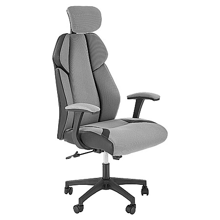 Scaun directorial HM Chrono, suport lombar, mecanism de balans, tetiera reglabila, piele ecologica/stofa, 120 kg, gri/negru [1]