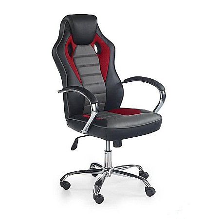 Scaun directorial pentru gaming HM Scroll, tapiterie piele ecologica, cadru cromat, mecanism de balans, 110 kg, negru/rosu/gri