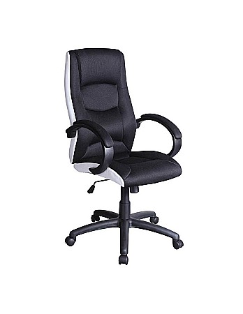 Produse - Scaun directorial SL Q041, Inaltime ajustabila, Mecanism balansare, Stofa cu insertii de piele ecologica, 100 Kg, Alb/Negru