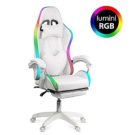 Produse - Scaun gaming cu lumini RBG si suport picioare OFF 298