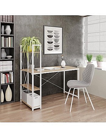 Set birou cu rafturi HM Narvik B1, cadru metalic, PAL melaminat, 120x64x120 cm, stejar sonoma/alb si scaun birou HM Matrix, Ergonomic, Stofa/Piele ecologica, 100 Kg, Negru/Roz [3]