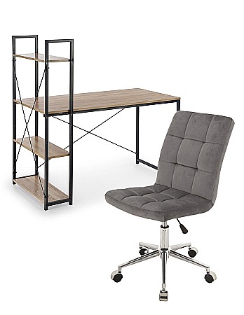 Birouri - Set birou cu rafturi HM Narvik B1, cadru metalic, PAL melaminat, 120x64x120 cm, stejar sonoma/negru si scaun stofa tip catifea SL Q020, inaltime reglabila, cadru cromat, 90 kg, Gri