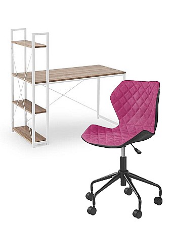 Set birou cu rafturi HM Narvik B1, cadru metalic, PAL melaminat, 120x64x120 cm, stejar sonoma/alb si scaun birou HM Matrix, Ergonomic, Stofa/Piele ecologica, 100 Kg, Negru/Roz [0]