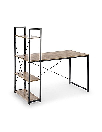 Set birou cu rafturi HM Narvik B1, cadru metalic, PAL melaminat, 120x64x120 cm, stejar sonoma/negru si scaun stofa tip catifea SL Q020, inaltime reglabila, cadru cromat, 90 kg, Gri [1]