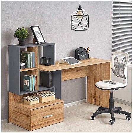 Set birou cu spatii depozitare HM Grosso, rafturi, sertar, PAL melaminat, 149x50x105 cm, stejar auriu/antracit si scaun copii HM Rico, ergonomic, stofa tip catifea, 100 kg, gri [1]