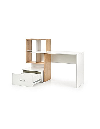 Set birou cu spatii depozitare HM Grosso, rafturi, sertar, PAL melaminat, 149x50x105 cm, stejar auriu/alb si scaun copii HM Ibis Paris, Ergonomic, Cadru Cromat, Stofa, 100 Kg, Multicolor [2]