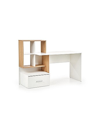Set birou cu spatii depozitare HM Grosso, rafturi, sertar, PAL melaminat, 149x50x105 cm, stejar auriu/alb si scaun copii HM Ibis Paris, Ergonomic, Cadru Cromat, Stofa, 100 Kg, Multicolor [1]