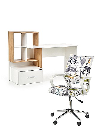 Back to School - Set birou cu spatii depozitare HM Grosso, rafturi, sertar, PAL melaminat, 149x50x105 cm, stejar auriu/alb si scaun copii HM Ibis Paris, Ergonomic, Cadru Cromat, Stofa, 100 Kg, Multicolor