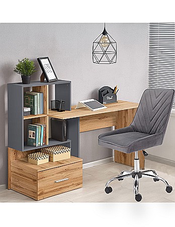 Back to School - Set birou cu spatii depozitare HM Grosso, rafturi, sertar, PAL melaminat, 149x50x105 cm, stejar auriu/antracit si scaun copii HM Rico, ergonomic, stofa tip catifea, 100 kg, gri