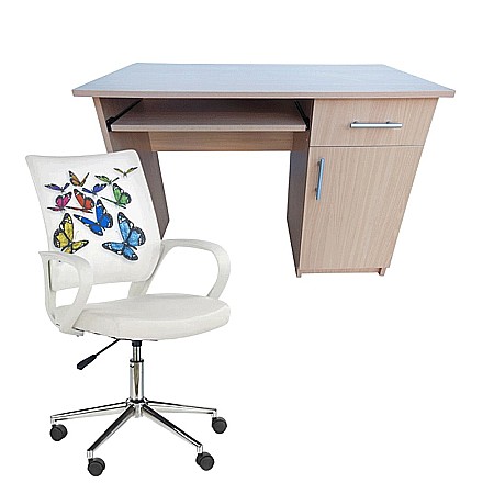 Birouri - Set birou cu spatiu depozitare pentru scolari, Pal Melaminat, sertar, 2 rafturi, polita glisanta tastatura, fag si scaun HM Ibis Butterfly, stofa/piele ecologica, 100 kg, multicolor