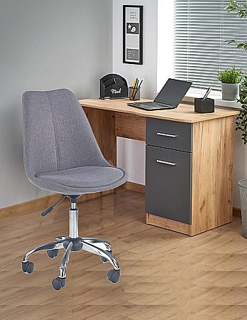 Back to School - Set birou cu usa si sertar HM Elmo, Pal melaminat, 120x55x78 cm, stejar/antracit si scaun copii HM Coco 4, Ergonomic, Stofa, Inaltime ajustabila, 80 kg, Gri deschis